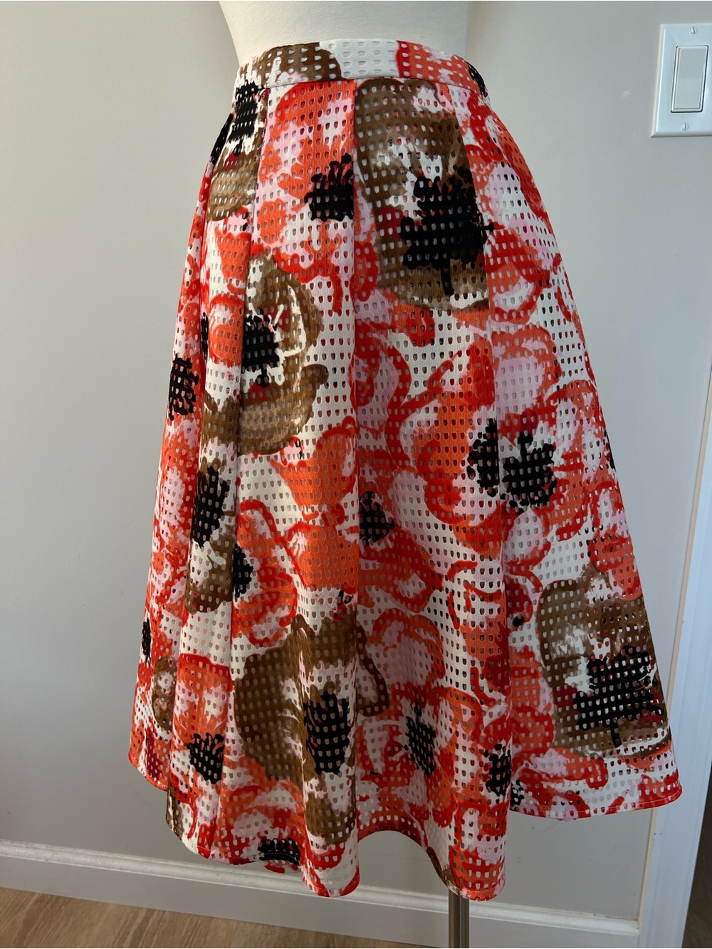 Maison Jules Orange Floral Eyelet Circle Skirt with Brown & Black Details